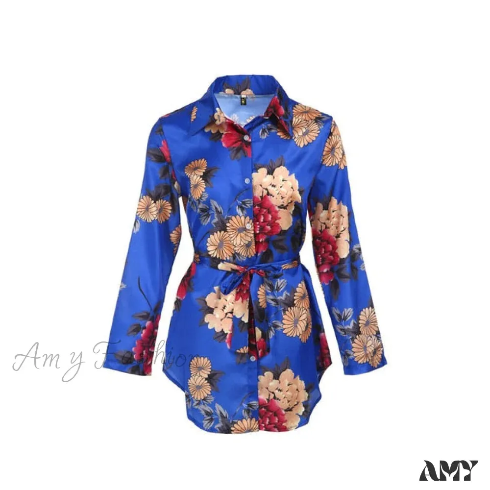 Amy Fashion - Ladies Print Floral Long Sleeve Loose Short Mini Dresses