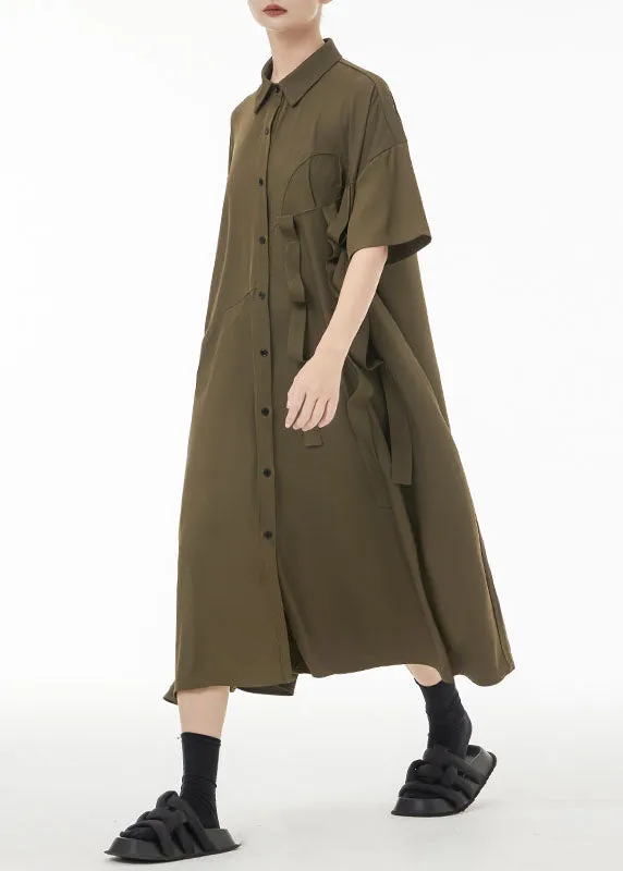 Army Green Patchwork Cotton Shirt Dresses Oversized Original Design Summer LC0144