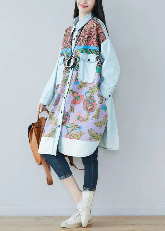 Art light Blue pockets side open Print denim shirt Dresses