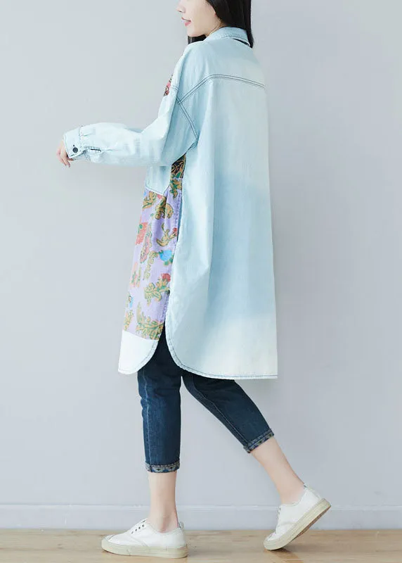 Art light Blue pockets side open Print denim shirt Dresses