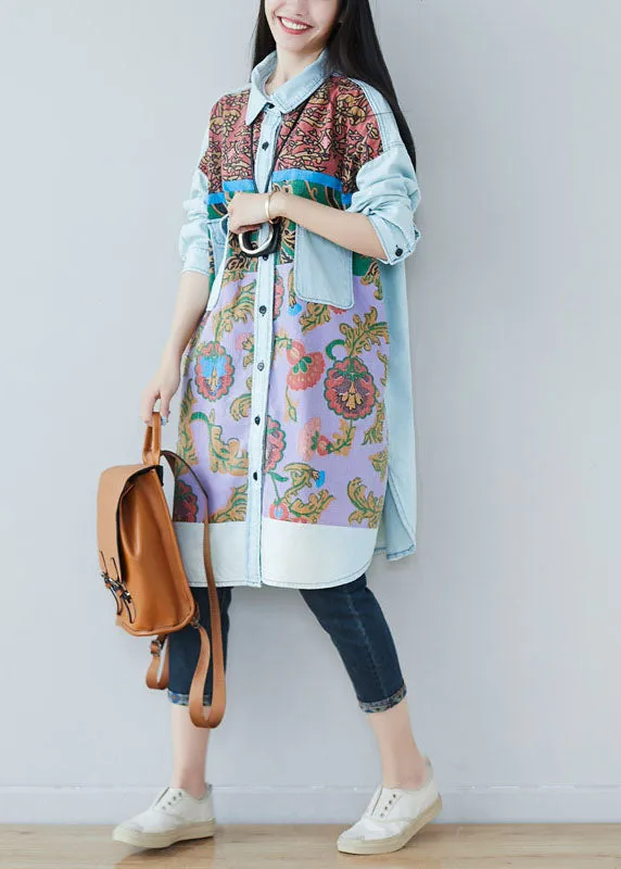 Art light Blue pockets side open Print denim shirt Dresses