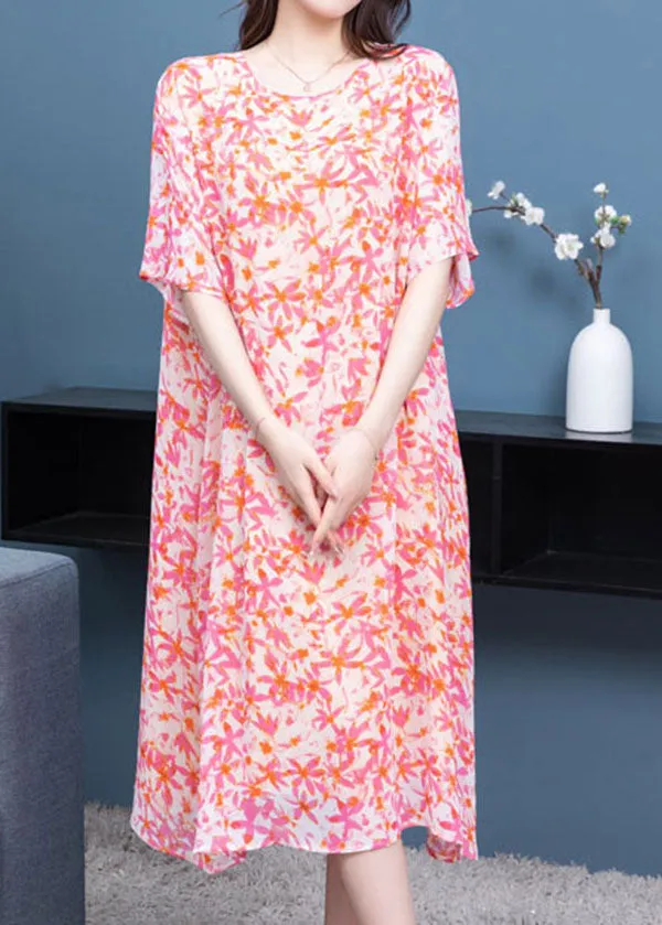 Art Pink O Neck Print Patchwork Chiffon Dresses Summer LY6509