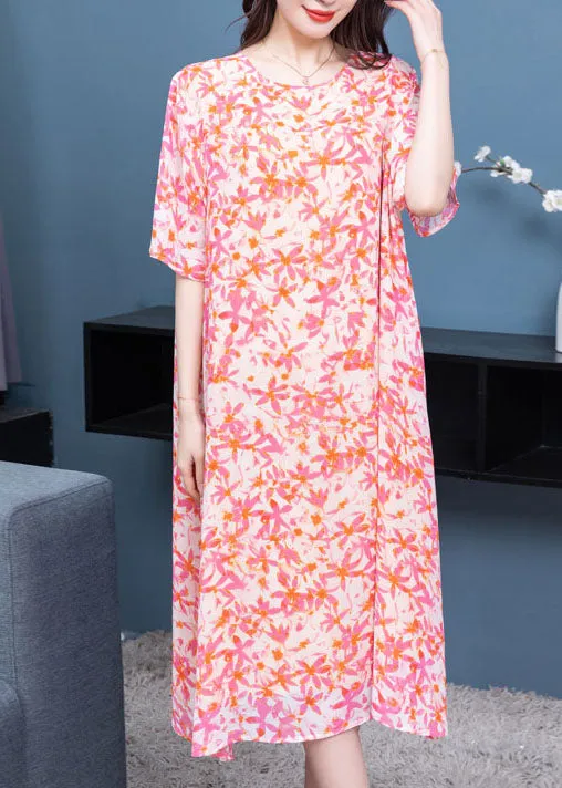 Art Pink O Neck Print Patchwork Chiffon Dresses Summer LY6509