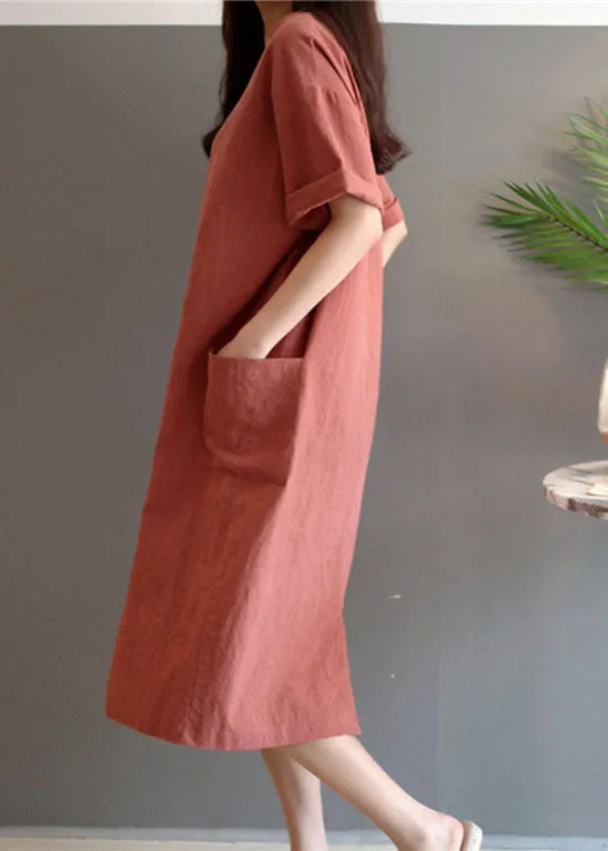 Art Rust V Neck Pockets Patchwork Linen Dresses Summer LY2080