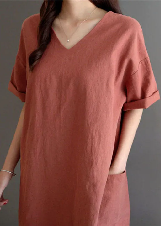 Art Rust V Neck Pockets Patchwork Linen Dresses Summer LY2080