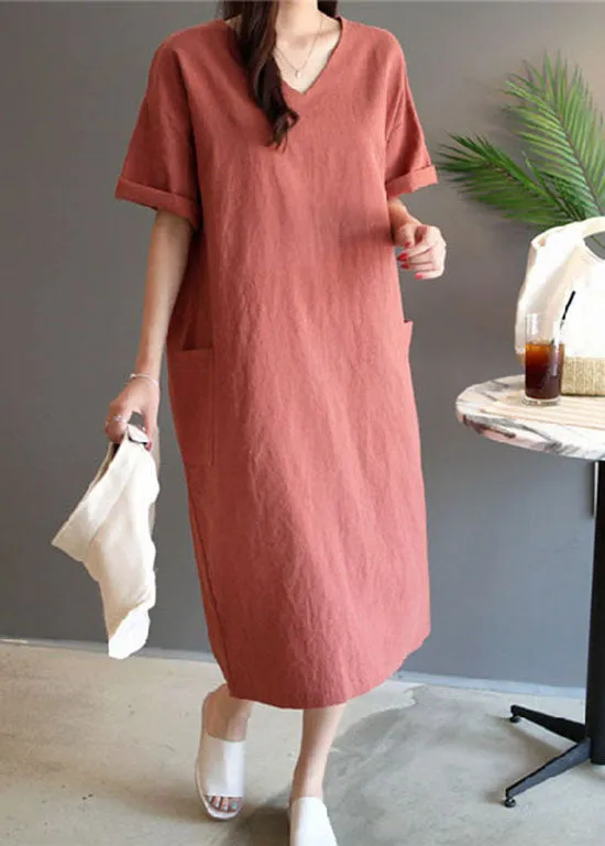 Art Rust V Neck Pockets Patchwork Linen Dresses Summer LY2080