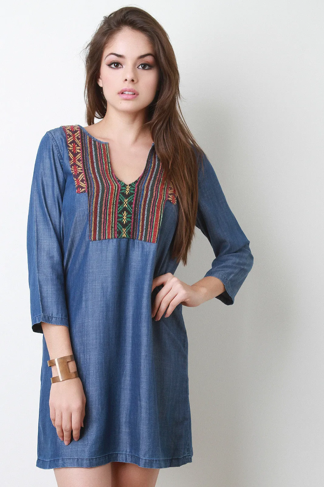 Aztec Embroidery Chambray Shift Dress