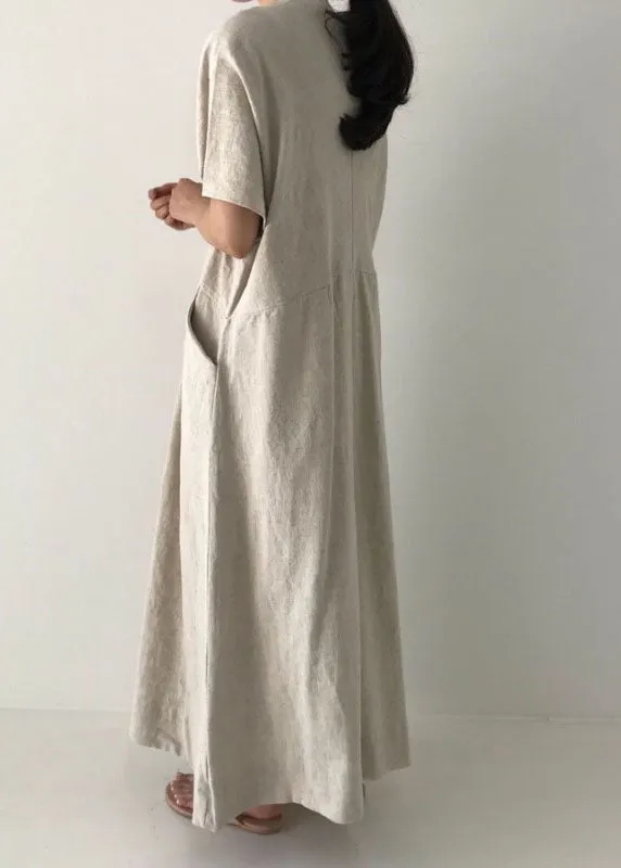 Beige Cozy Linen Holiday Dresses V Neck Pockets Summer LY1329