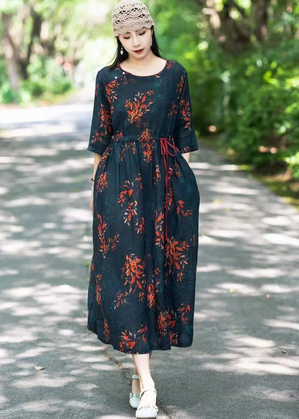 Black Print Patchwork Linen Long Dresses O Neck Drawstring Summer LY2541