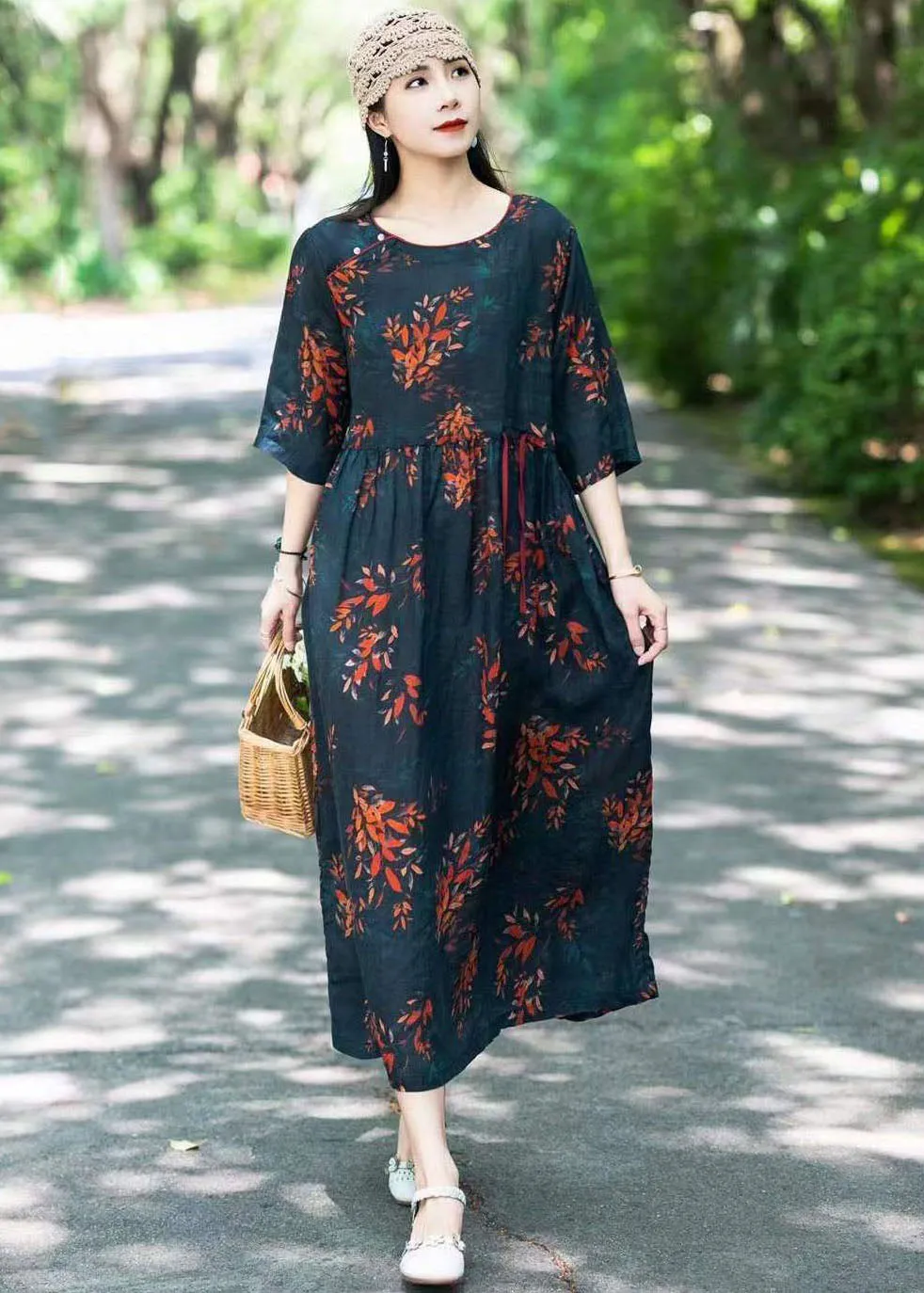 Black Print Patchwork Linen Long Dresses O Neck Drawstring Summer LY2541