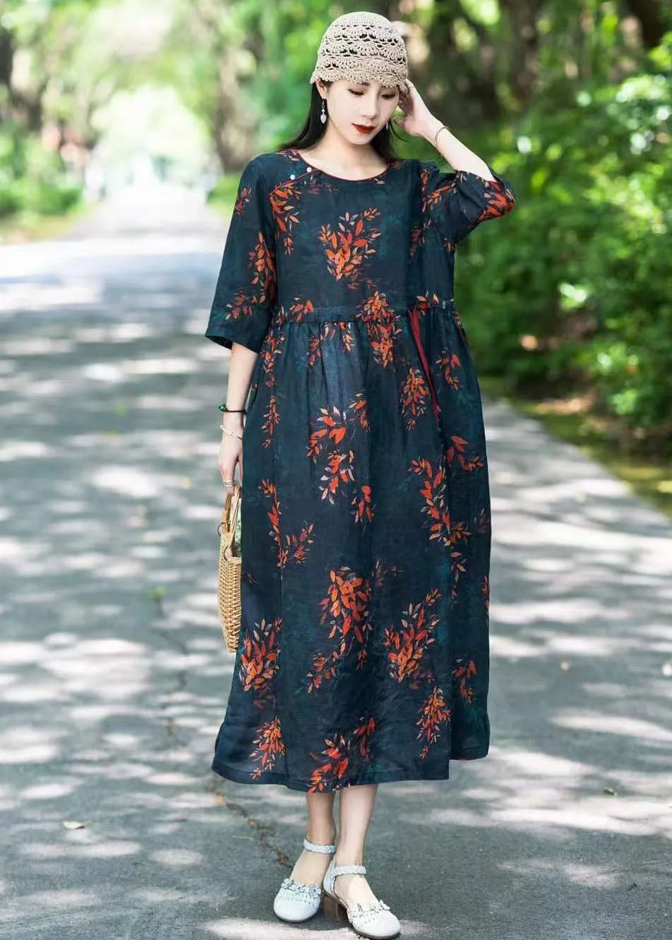 Black Print Patchwork Linen Long Dresses O Neck Drawstring Summer LY2541