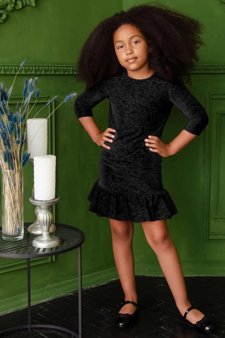 Black Velvet Jacquard Holiday Dress - Girls