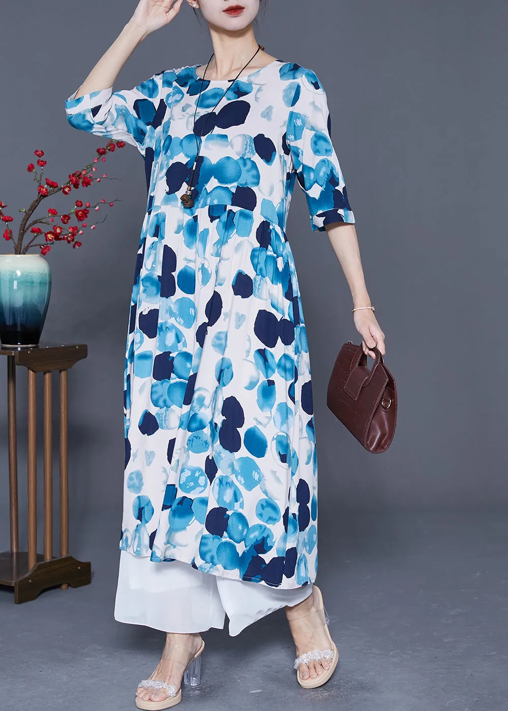 Blue Circle Print Loose Cotton Long Dresses Exra Large Hem Summer LY5388