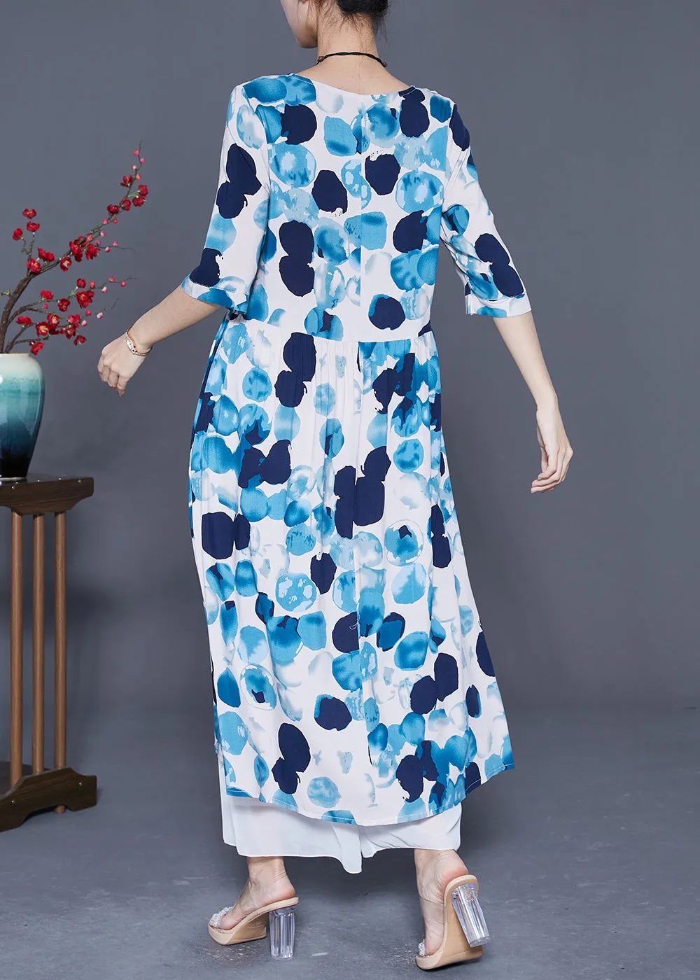 Blue Circle Print Loose Cotton Long Dresses Exra Large Hem Summer LY5388