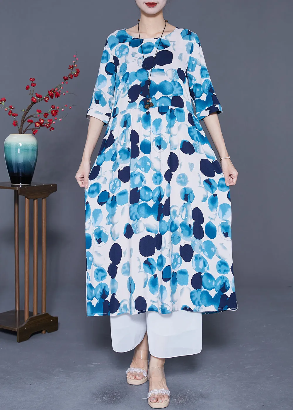 Blue Circle Print Loose Cotton Long Dresses Exra Large Hem Summer LY5388