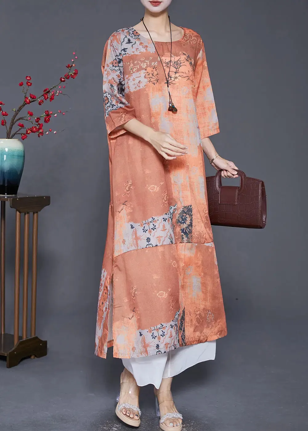 Bohemian Khaki O-Neck Patchwork Print Linen Vacation Dresses Bracelet Sleeve LY8059