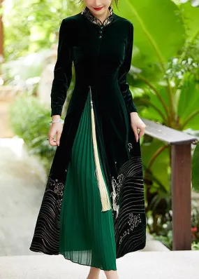 Boutique Green Tasseled Embroideried Patchwork Velour Dresses Spring LC0290