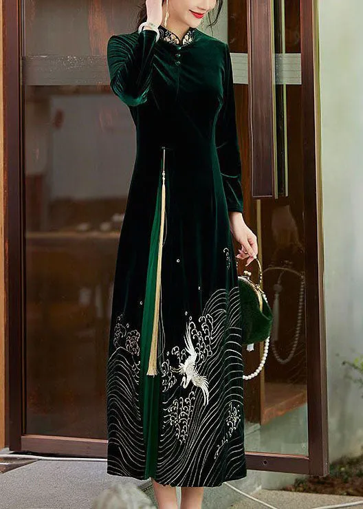 Boutique Green Tasseled Embroideried Patchwork Velour Dresses Spring LC0290