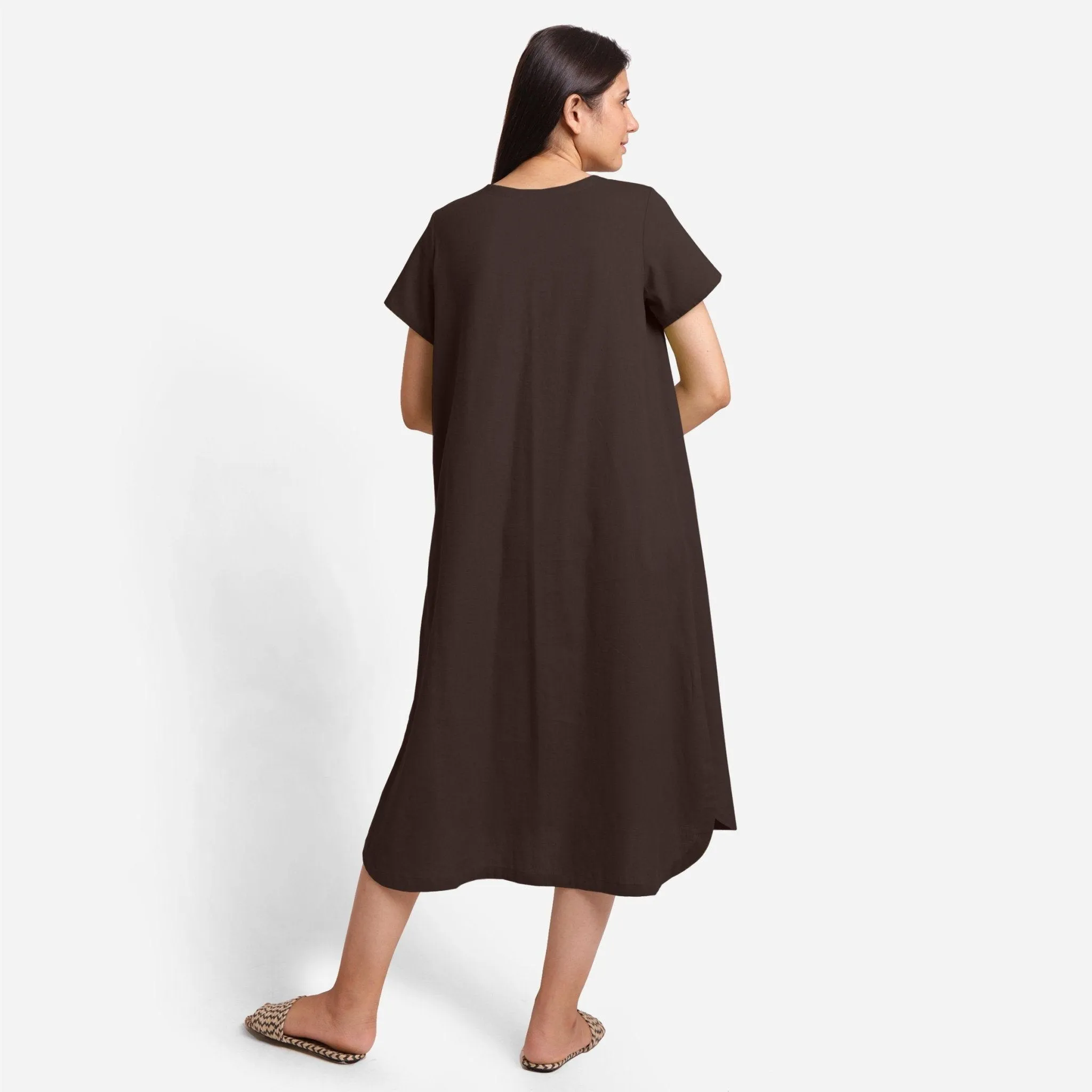 Brown Cotton Flax High-Low Midi Shift Dress