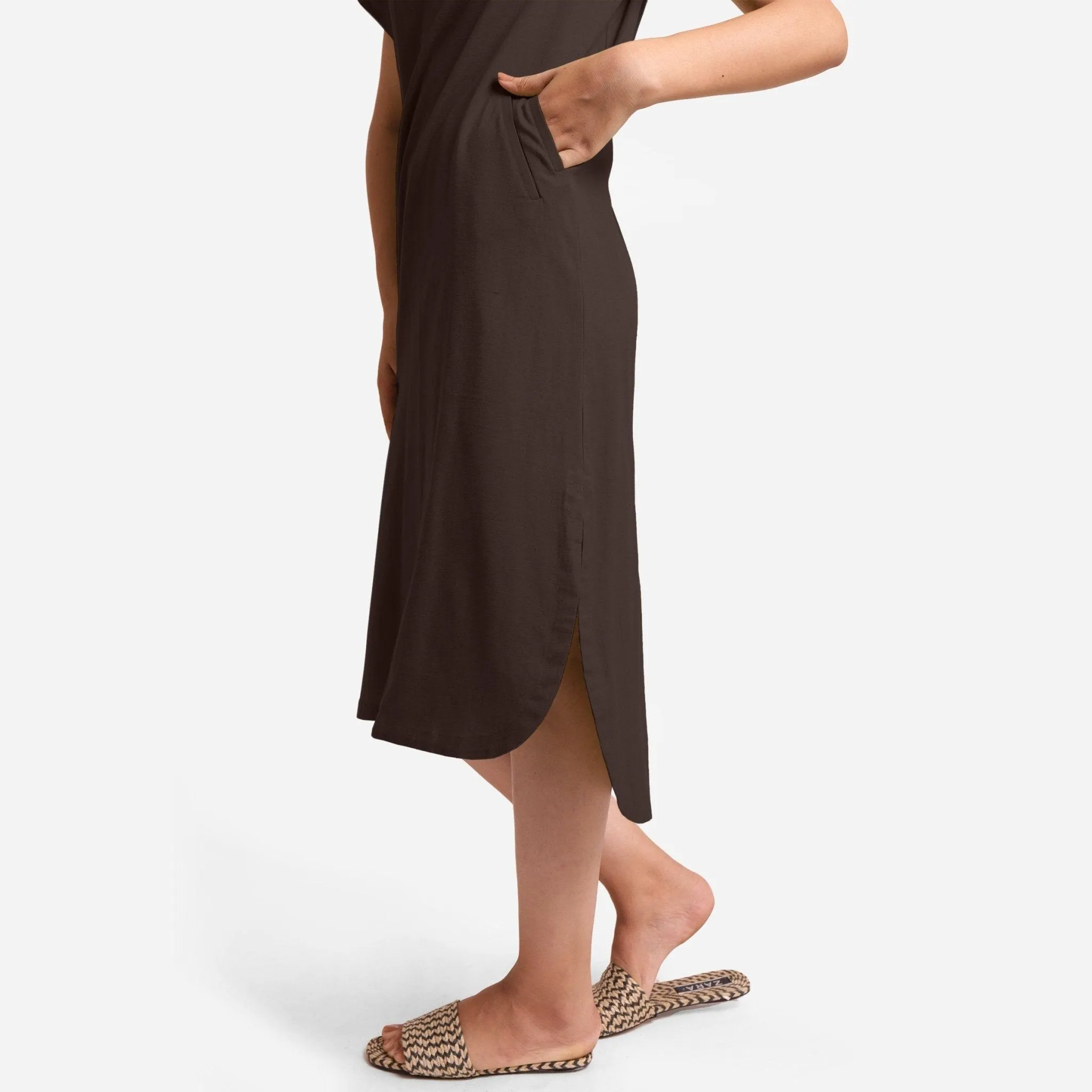 Brown Cotton Flax High-Low Midi Shift Dress