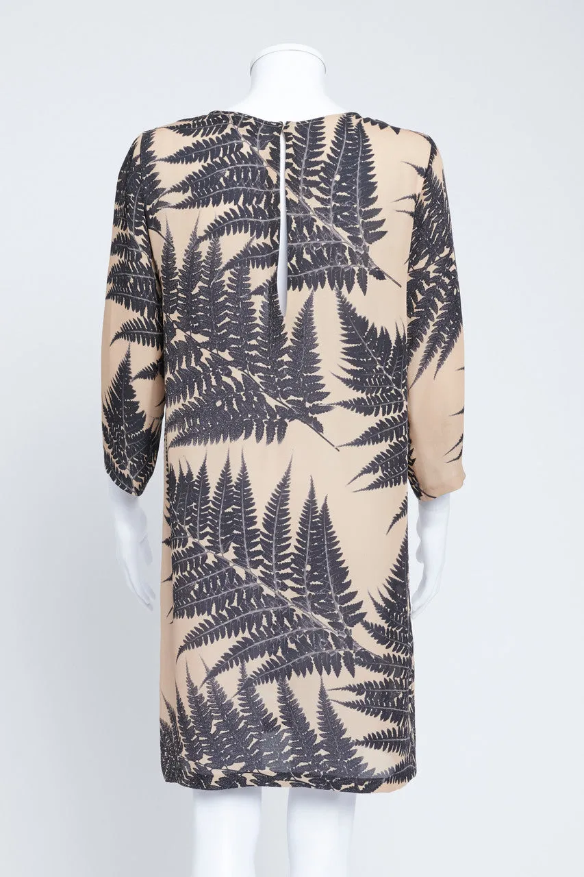 Camel and Black Silk Leaf Print Shift Dress