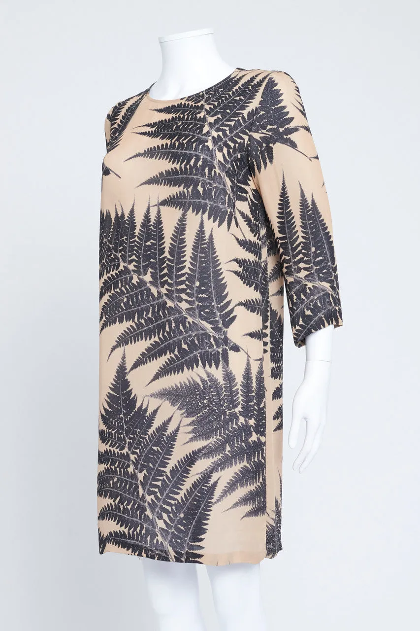 Camel and Black Silk Leaf Print Shift Dress