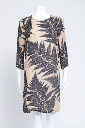 Camel and Black Silk Leaf Print Shift Dress