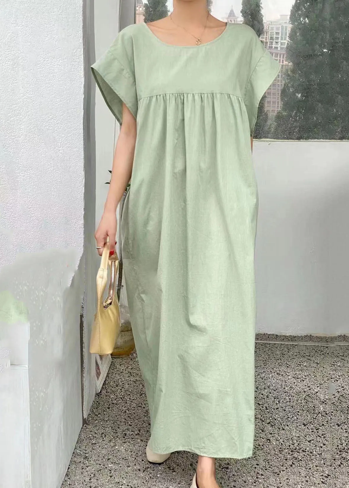 Casual Light Green V Neck Wrinkled Patchwork Cotton Dresses Summer LY1337