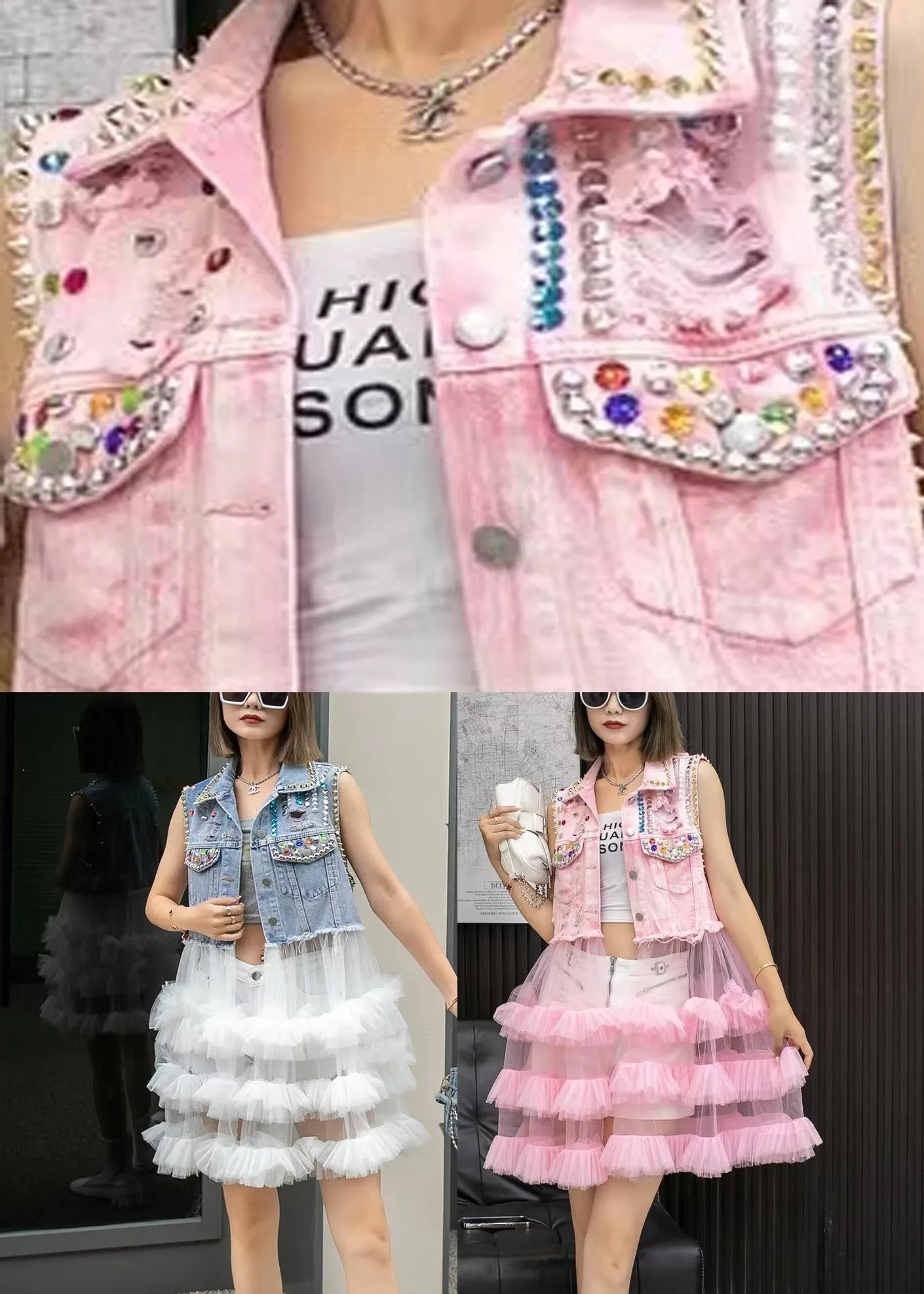 Chic Pink Denim Waistcoat Patchwork Tulle Mid Dresses Sleeveless LY6053