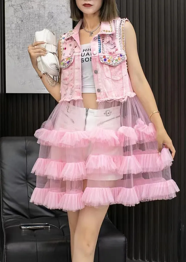 Chic Pink Denim Waistcoat Patchwork Tulle Mid Dresses Sleeveless LY6053