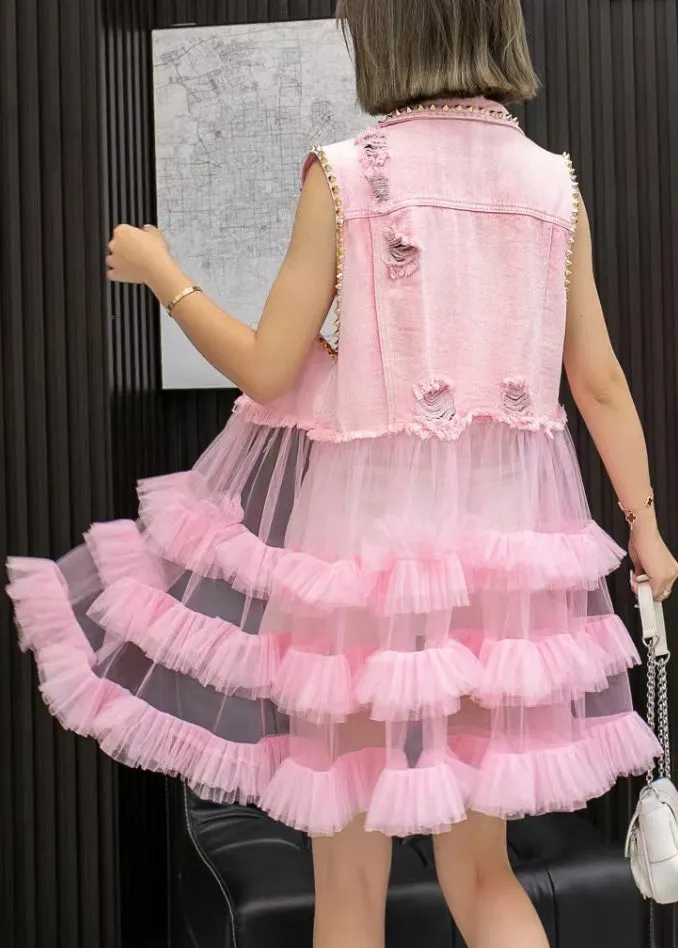 Chic Pink Denim Waistcoat Patchwork Tulle Mid Dresses Sleeveless LY6053