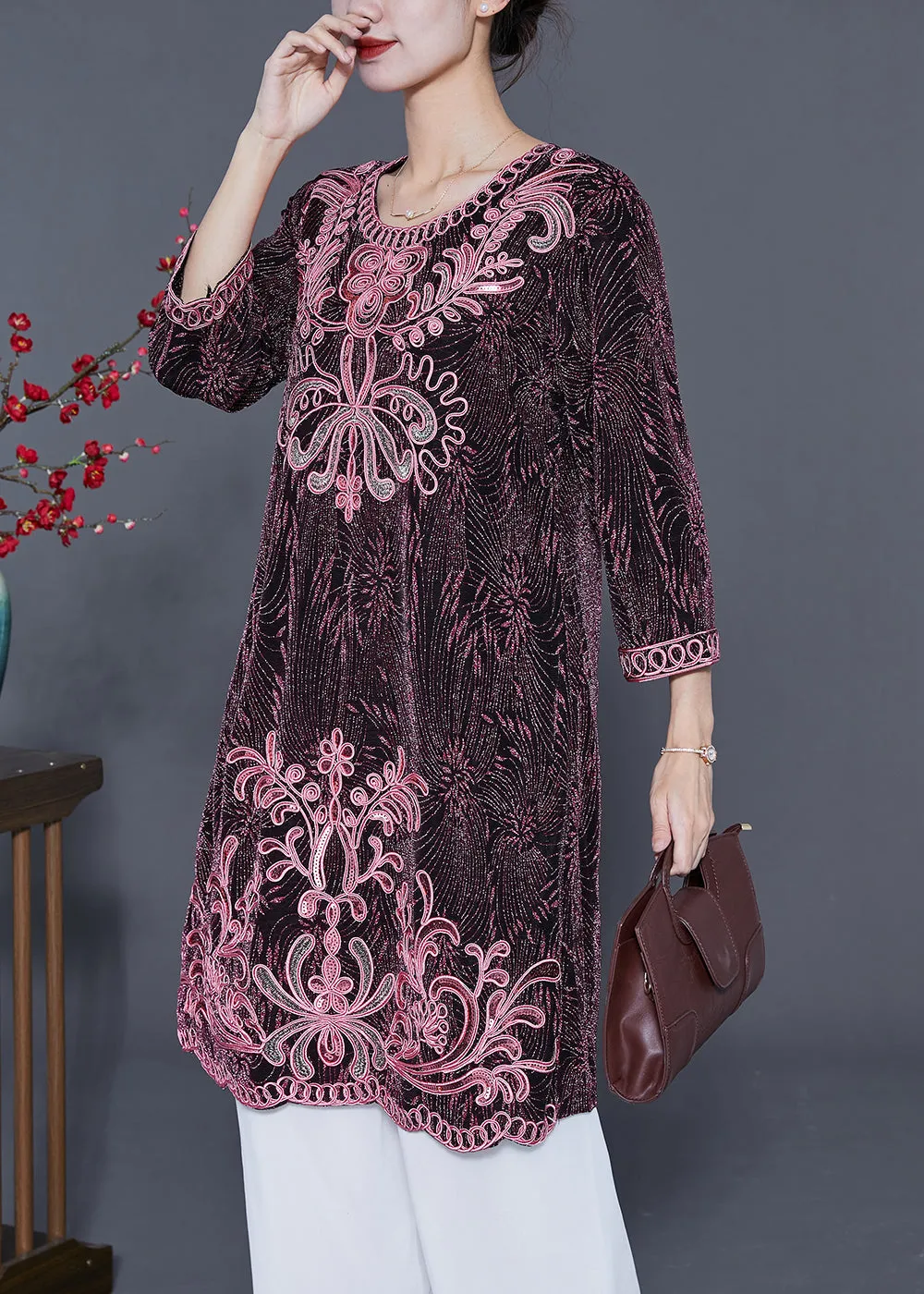 Chic Pink O-Neck Embroideried Silk Vacation Dresses Bracelet Sleeve LY5553