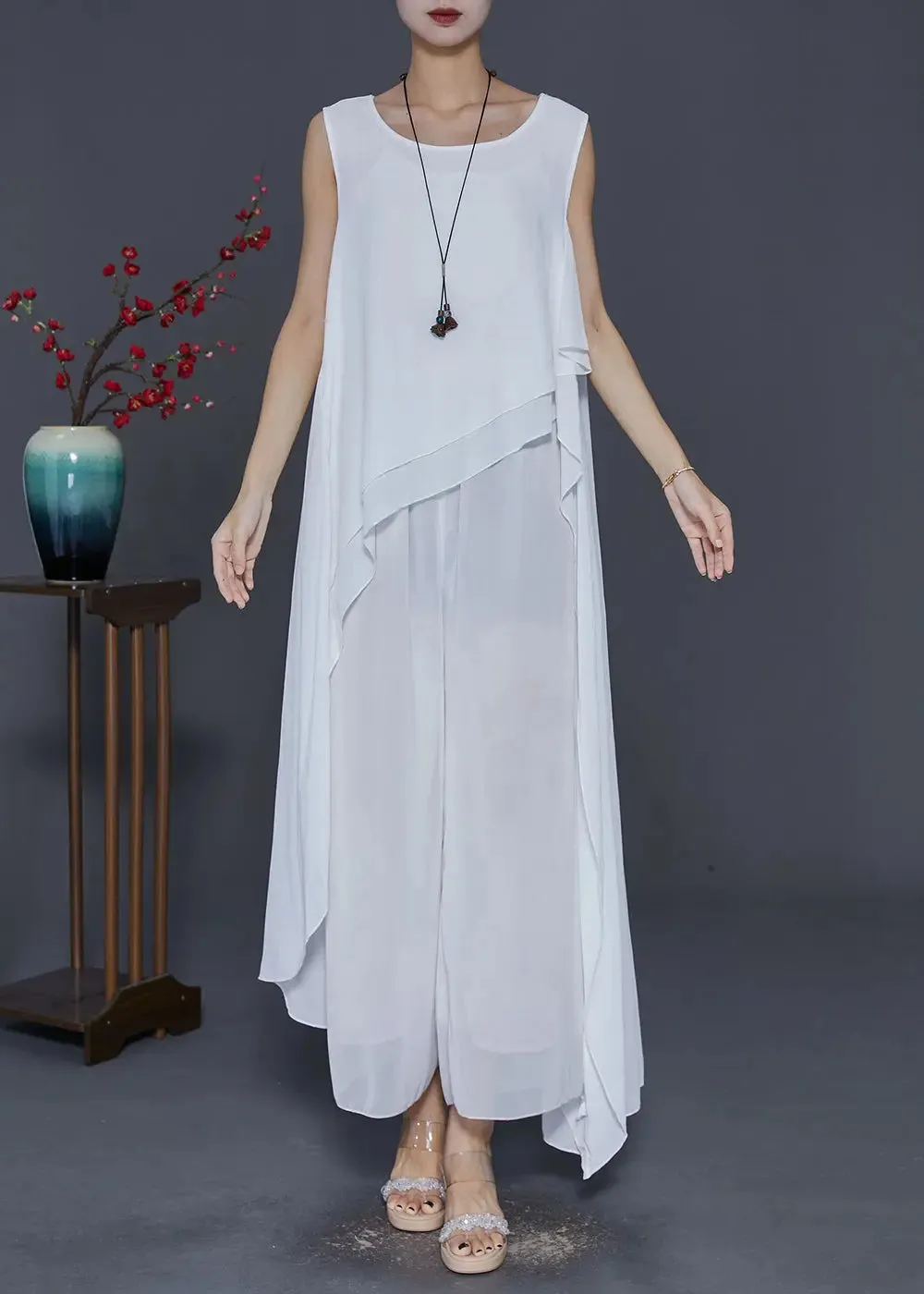 Chic White Asymmetrical Design Draping Chiffon Dresses Summer ML0446