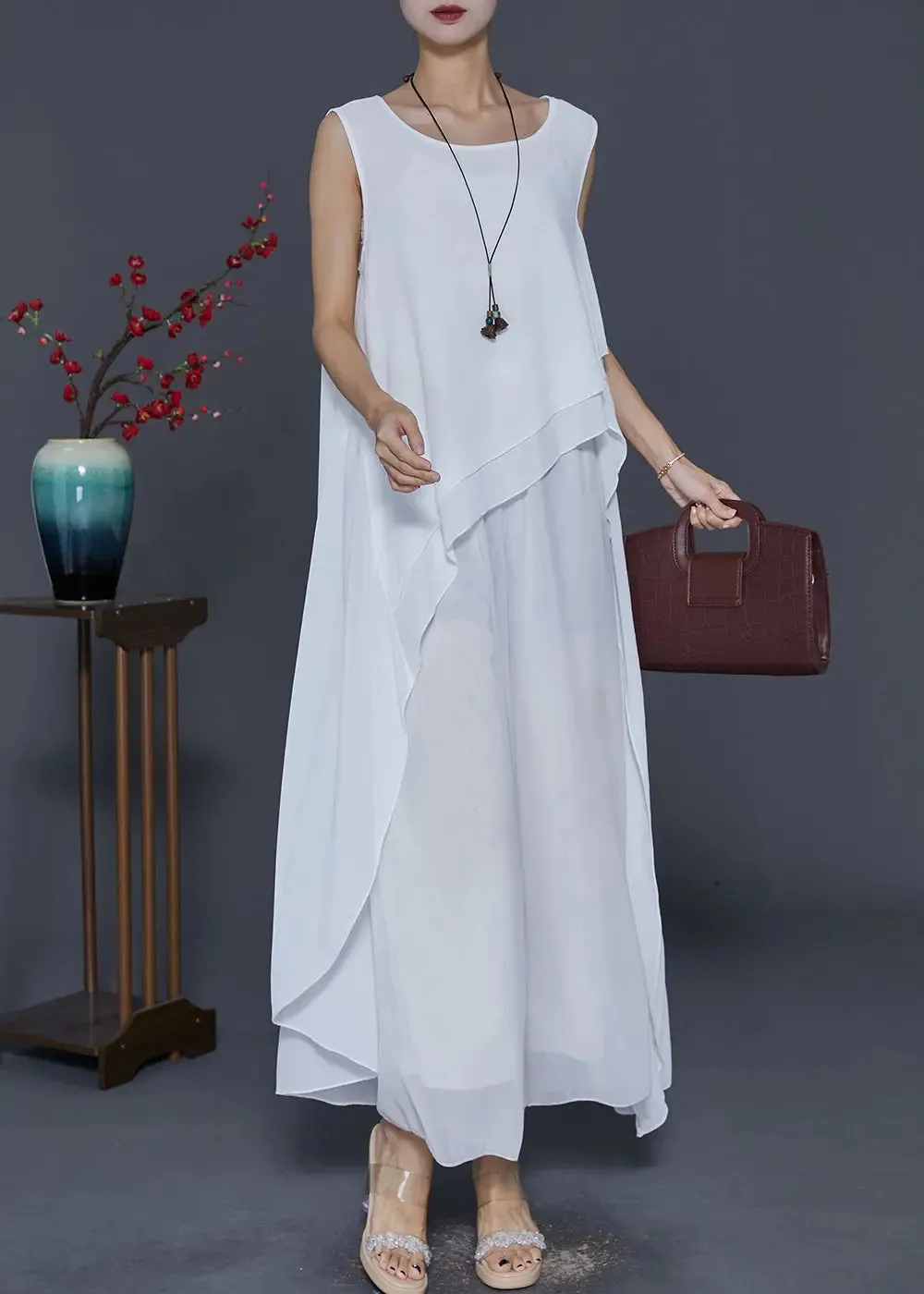 Chic White Asymmetrical Design Draping Chiffon Dresses Summer ML0446