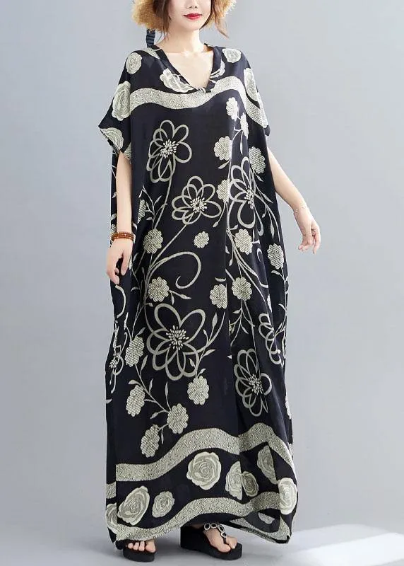 Comfy Black Bat Wing Sleeve Print V Neck Summer Cotton Maxi Dresses