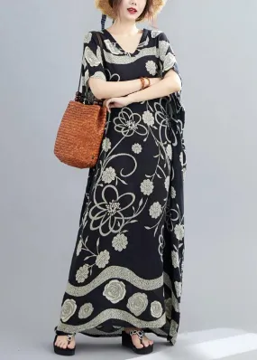 Comfy Black Bat Wing Sleeve Print V Neck Summer Cotton Maxi Dresses