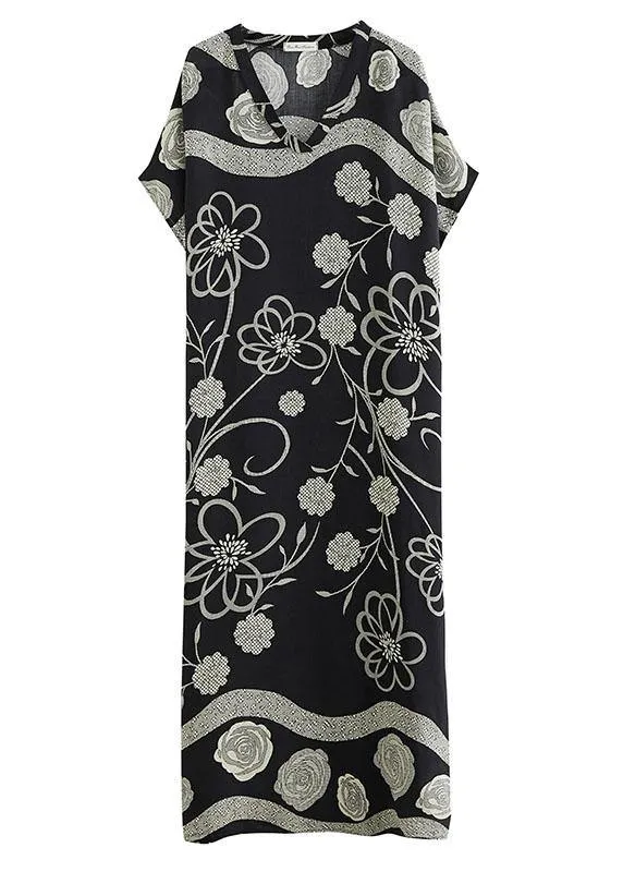 Comfy Black Bat Wing Sleeve Print V Neck Summer Cotton Maxi Dresses