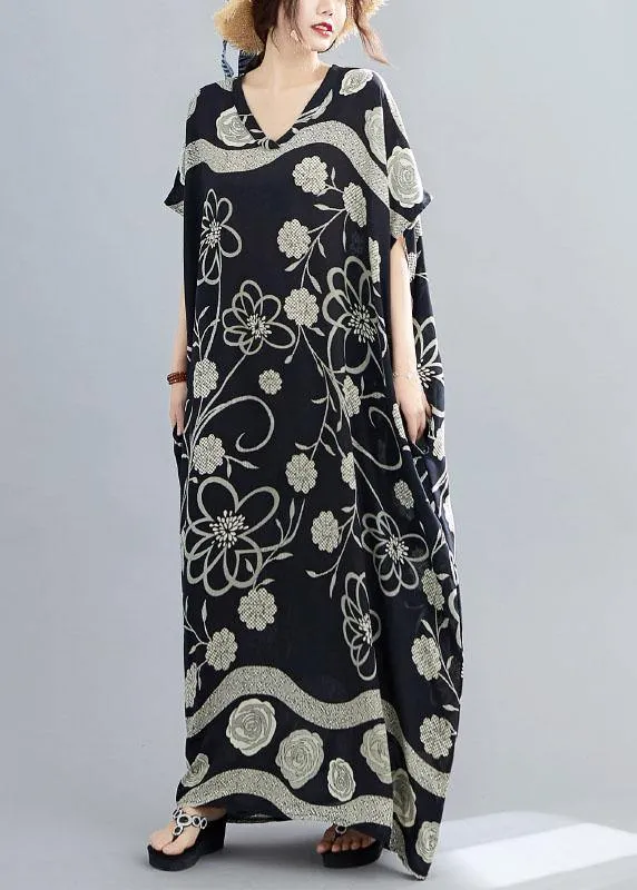 Comfy Black Bat Wing Sleeve Print V Neck Summer Cotton Maxi Dresses