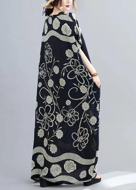 Comfy Black Bat Wing Sleeve Print V Neck Summer Cotton Maxi Dresses