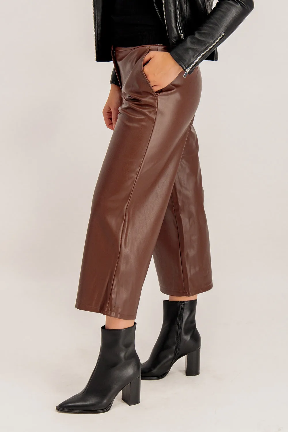 Dagmar Brown Faux Leather Cropped Wide Leg Pants