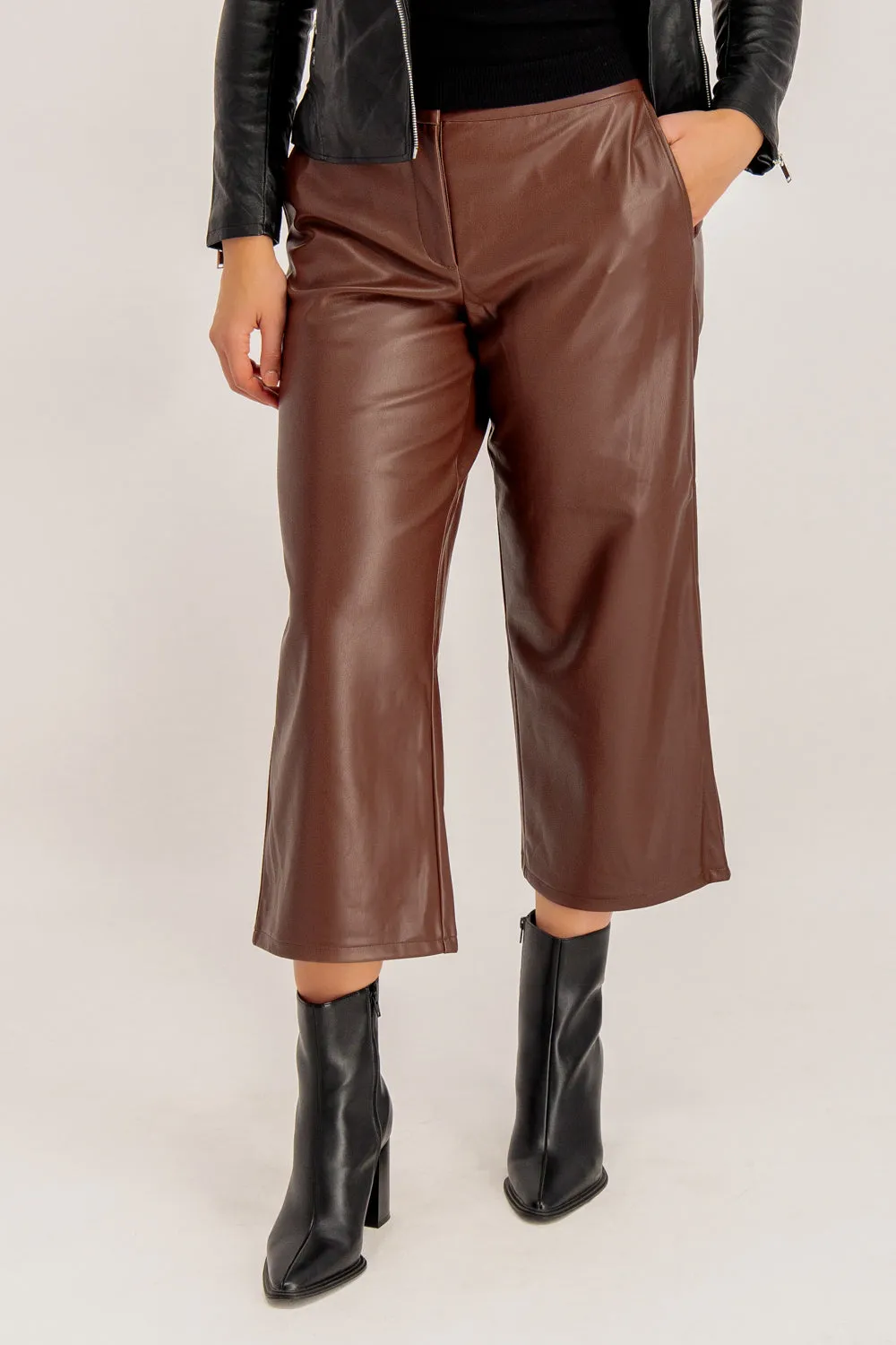 Dagmar Brown Faux Leather Cropped Wide Leg Pants