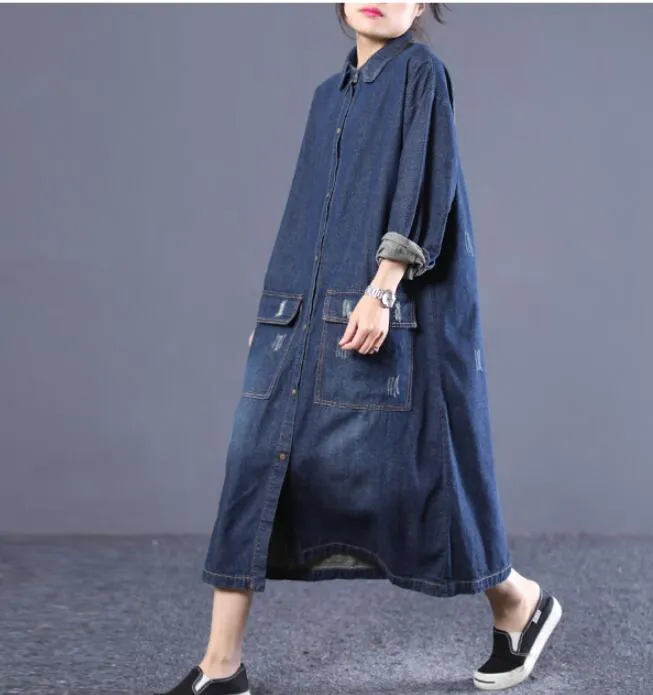 Denim Loose Women Cotton Loose Dresses Long Sleeve Women Dress YM9201229