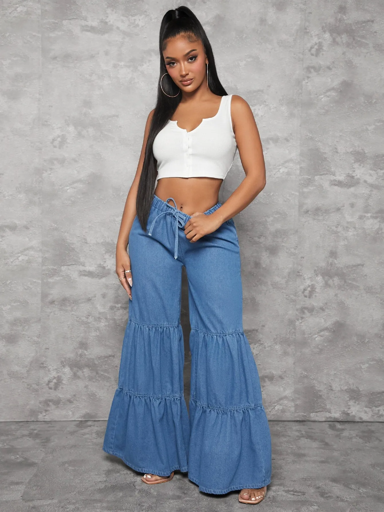 DENIM  WIDE LEG  PULL STRING PANTS