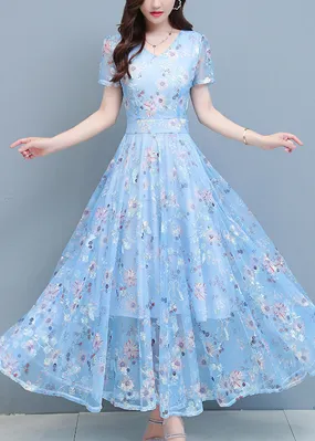 DIY Light Blue Print Chiffon Long Beach Dresses Summer LY1793