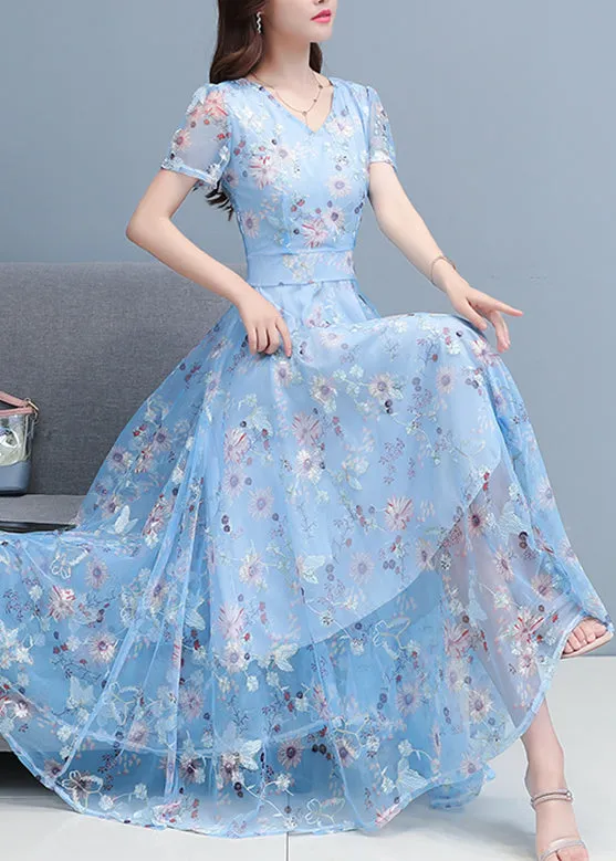 DIY Light Blue Print Chiffon Long Beach Dresses Summer LY1793