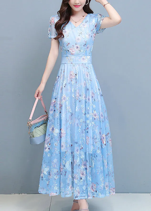 DIY Light Blue Print Chiffon Long Beach Dresses Summer LY1793