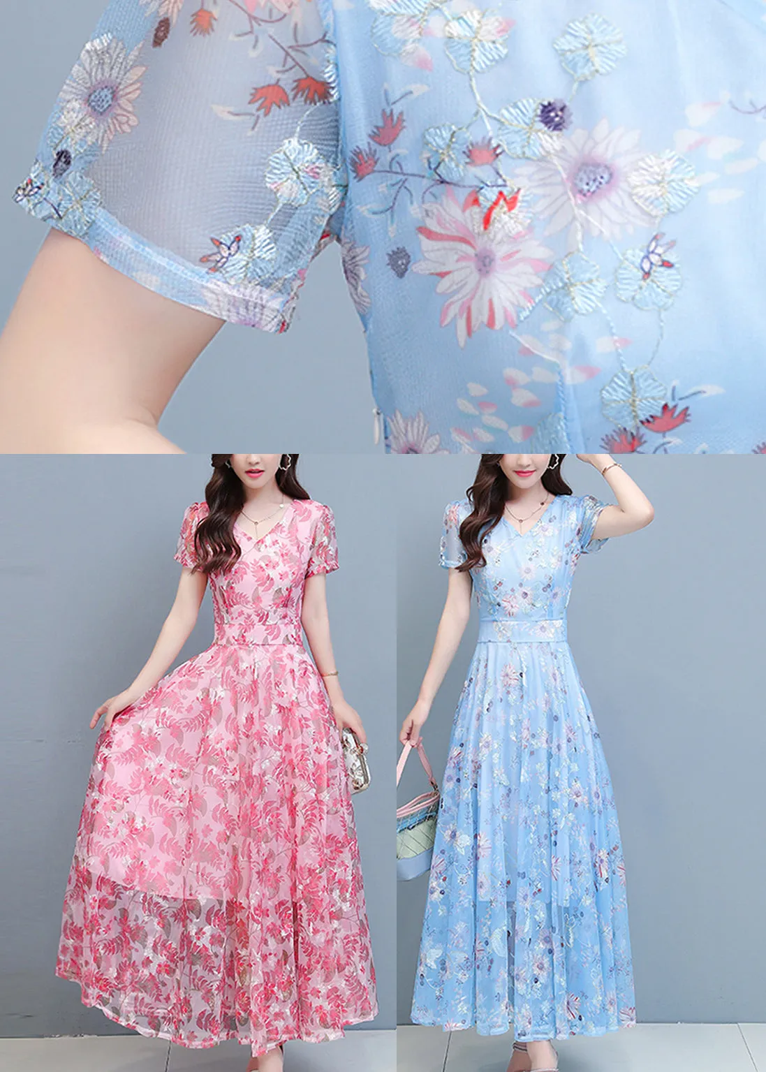 DIY Light Blue Print Chiffon Long Beach Dresses Summer LY1793