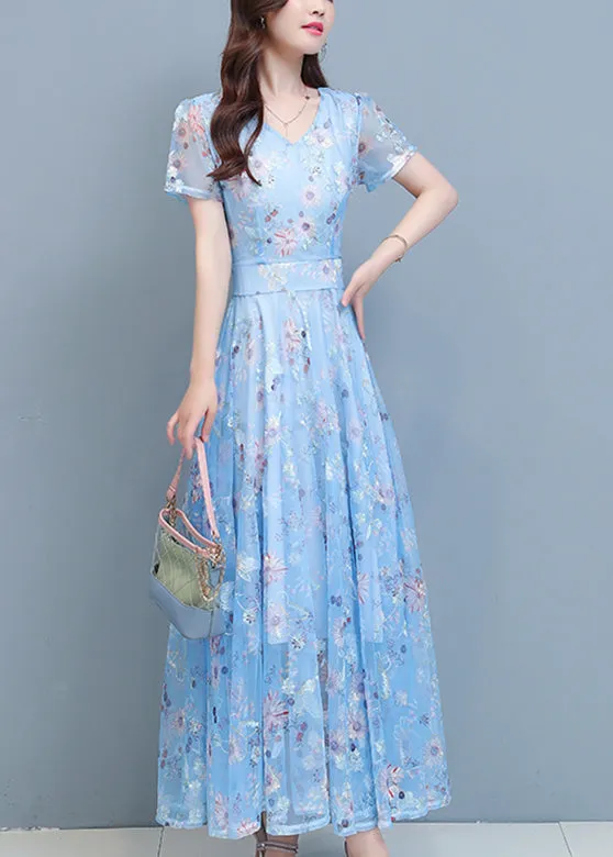 DIY Light Blue Print Chiffon Long Beach Dresses Summer LY1793