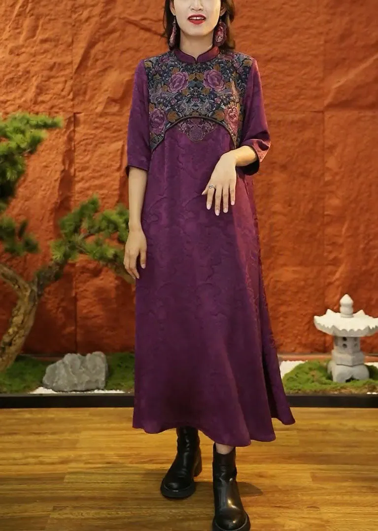 DIY Purple Mandarin Collar Patchwork Jacquard Silk Dresses Half Sleeve LY1697