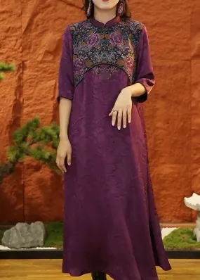 DIY Purple Mandarin Collar Patchwork Jacquard Silk Dresses Half Sleeve LY1697